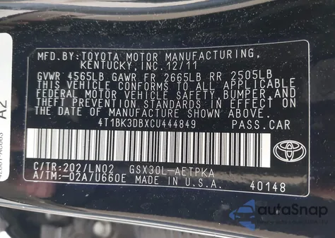 2012 Toyota Avalon Limited z USA, uszkodzony, nr VIN 4T1BK3DBXCU444849